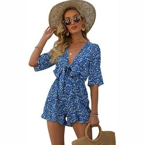 Blue Floral Romper with Tie Front